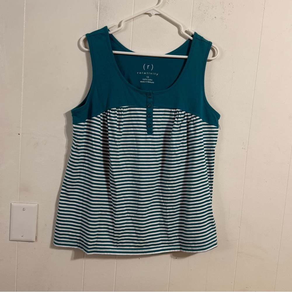 Relativity Teal‎ and White Striped Tank Top